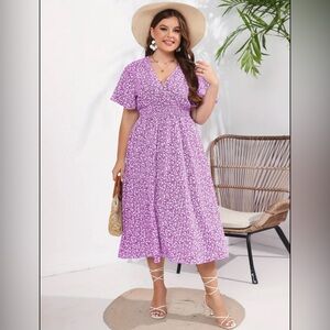 SHEIN Cottagecore Stylish Casual Chic Lavender Plus Sz Floral Midi Dress Sz 3XL